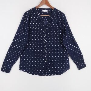 Carve Designs Davis Shirt Womens L Navy Blue Polka Dot Roll Tab Sleeve Organic